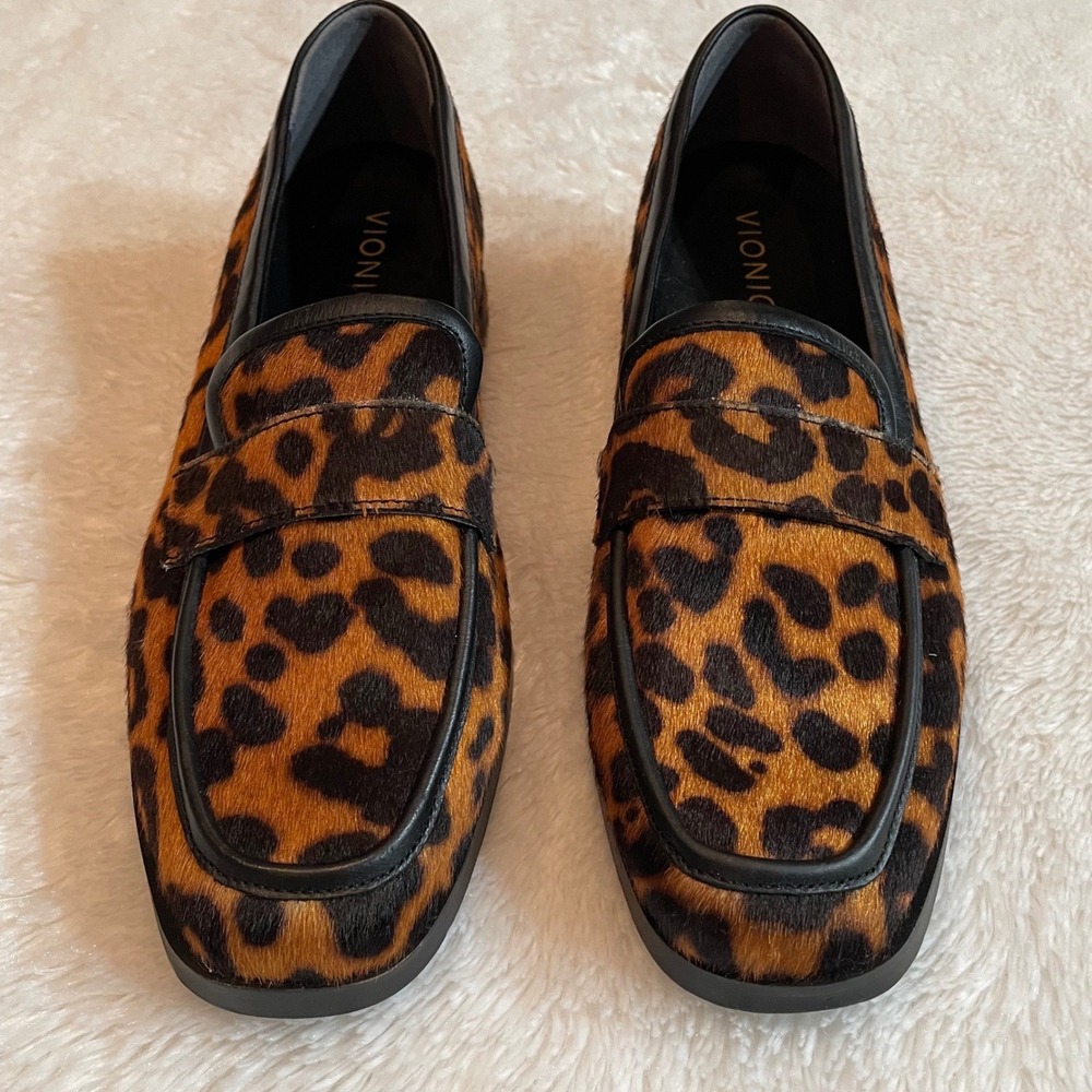 Vionic Sellah Leopard Print Calf Hair Loafers Brown Black Womens 8 Orthotic Flat